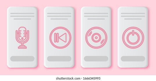 Set line Microphone, Rewind, Vinyl disk and Power button. White rectangle button. Vector