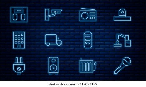 Set line Microphone, Robotic robot arm hand factory, Radio, Delivery cargo truck, House, Bathroom scales, Remote control and Security camera icon. Vector