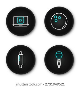 Set line Microphone, Rolling pin, Bowling ball and Online play video icon. Vector