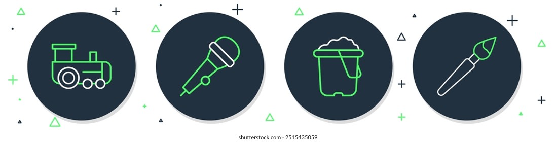 Set line Microphone, Sand in bucket, Toy train and Paint brush icon. Vector