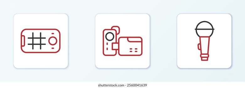 Set line Microphone, Selfie mobile and Cinema camera icon. Vector