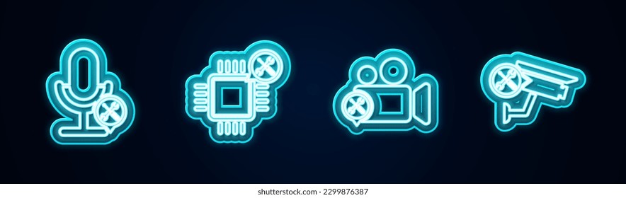 Set line Microphone service, Processor, Video camera and Security. Glowing neon icon. Vector