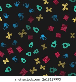 Set line Microphone setting, Processor, Hourglass and Old hourglass with sand on seamless pattern. Vector