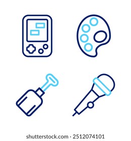 Set line Microphone, Shovel toy, Palette and Tetris electronic game icon. Vector