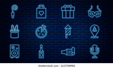 Set line Microphone, Slice of pizza, Gift box, Homemade pie, Magician hat and rabbit ears, Birthday party horn, Firework rocket and Shopping bag with heart icon. Vector
