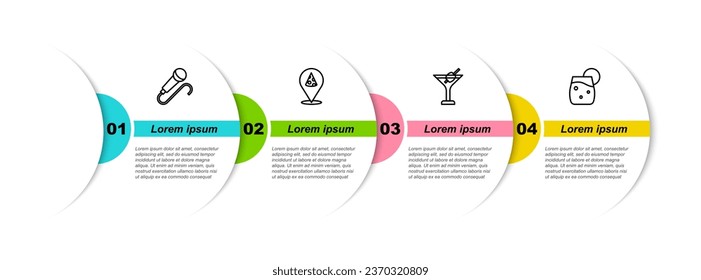 Set line Microphone, Slice of pizza, Martini glass and Cocktail. Business infographic template. Vector