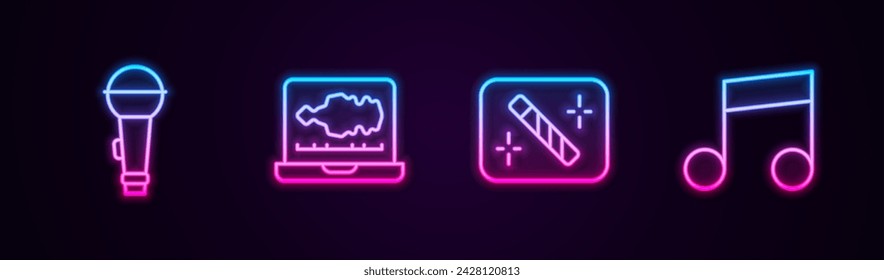 Ajuste de línea Micrófono, grabadora de sonido o audio, retoque de fotos y nota de música, tono. Icono de neón brillante. Vector