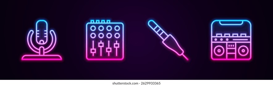 Set line Microphone, Sound mixer controller, Audio jack and Home stereo with speakers. Glowing neon icon. Vector