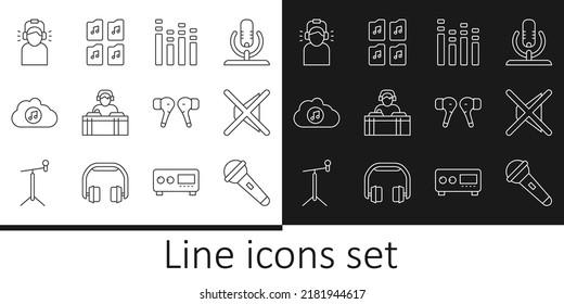 Set line Microphone, Speaker mute, Music equalizer, DJ playing music, streaming service, Man headphones, Air and file document icon. Vector