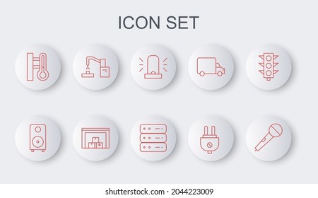 Set line Microphone, Stereo speaker, Flasher siren, Electric plug, Meteorology thermometer, Robotic robot arm hand factory, Warehouse and Server, Data, Web Hosting icon. Vector