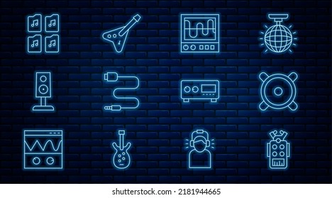 Set line Microphone, Stereo speaker, Oscilloscope, Audio jack, Music file document, Guitar amplifier and Electric bass guitar icon. Vector