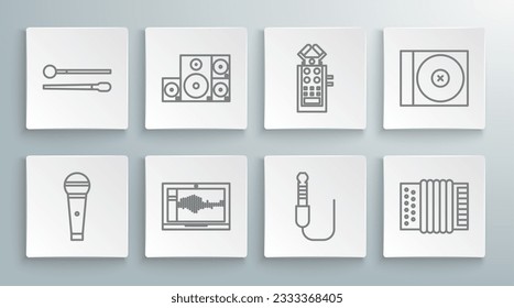 Set line Microphone, Stereo speaker, Sound or audio recorder laptop, Audio jack, Musical instrument accordion, CD DVD disk and Drum sticks icon. Vector