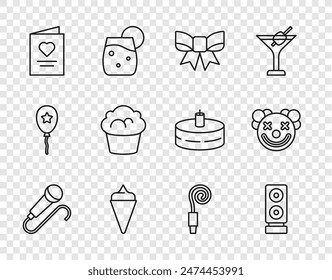 Set line Microphone, Stereo speaker, Gift bow, Ice cream in waffle cone, Postcard with heart, Muffin, Birthday party horn and Clown head icon. Vector