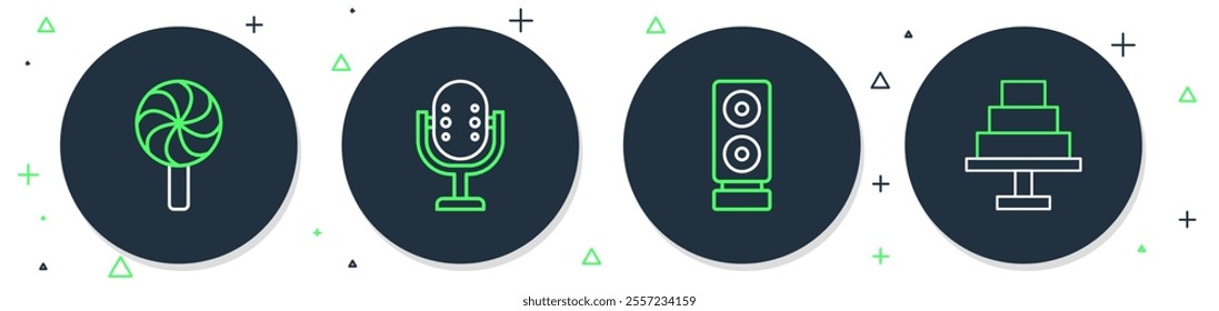 Set line Microphone, Stereo speaker, Lollipop and Cake icon. Vector