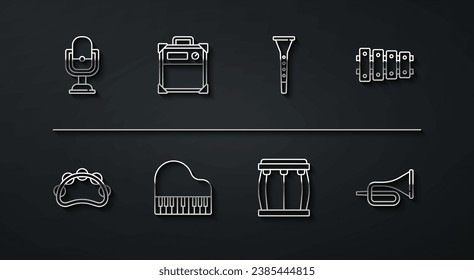 Set line Microphone, Tambourine, Xylophone, Drum, Grand piano, Guitar amplifier, Trumpet and Clarinet icon. Vector