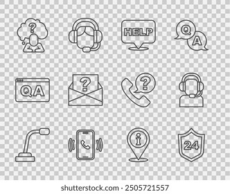 Set line Microphone, Telephone 24 hours support, Speech bubble with text Help, Head question mark, Envelope, Location information and Man headset icon. Vector