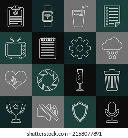 Set line Microphone, Trash can, Cloud with rain, Glass water, Notebook, Television tv, Clinical record and Cogwheel gear settings icon. Vector