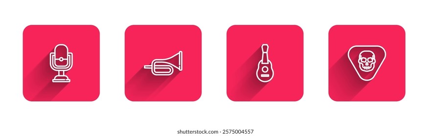 Set line Microphone, Trumpet, Guitar and pick with long shadow. Red square button. Vector