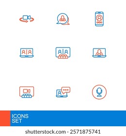 Set line Microphone, Video chat conference,  and Speech bubble icon. Vector