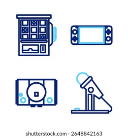 Set line Microphone, Video game console, Portable video and Slot machine icon. Vector