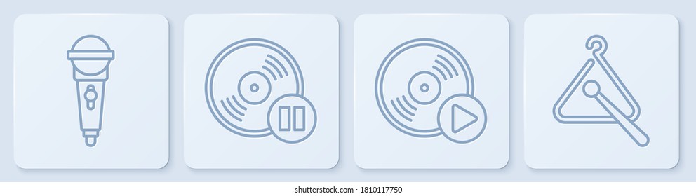 Fijar línea Micrófono, disco Vinyl, disco Vinyl e instrumento musical Triángulo. Botón cuadrado blanco. Vector