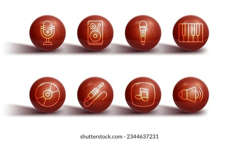 Set line Microphone, Vinyl disk, Music synthesizer, note, tone, Audio jack, Stereo speaker, Megaphone and  icon. Vector