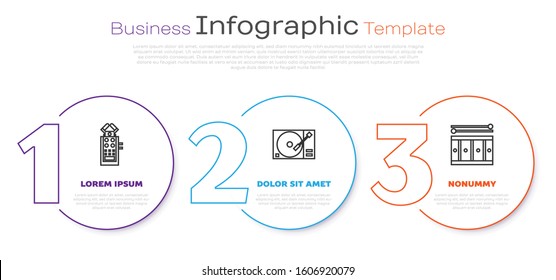 Set line Microphone, Vinyl player with a vinyl disk and Drum with drum sticks. Business infographic template. Vector