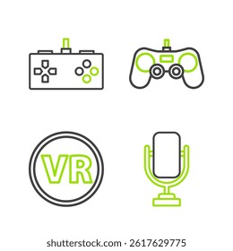 Set line Microphone, Virtual reality glasses, Gamepad and  icon. Vector