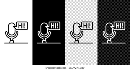 Set line Microphone voice device icon isolated on black and white, transparent background. Microphone interpreter and alphabet letters.  Vector