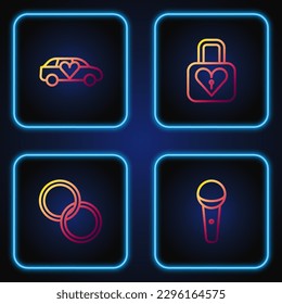 Set line Microphone, Wedding rings, Limousine car and Lock and heart. Gradient color icons. Vector