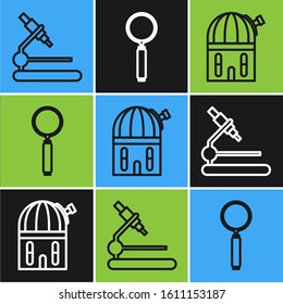 Set line Microscope, Astronomical observatory and Magnifying glass icon. Vector