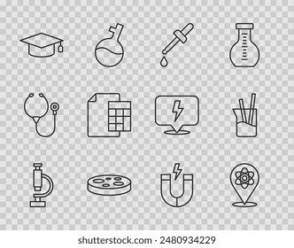 Set line Microscope, Atom, Pipette, Petri dish with bacteria, Graduation cap, Calculator, Magnet and Laboratory glassware icon. Vector