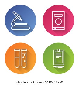 Set line Microscope, Book, Test tube and flask chemical laboratory and Clipboard with document. Color circle button. Vector