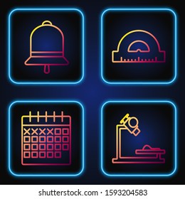 Set line Microscope, Calendar, Ringing bell and Protractor grid for measuring degrees. Gradient color icons. Vector