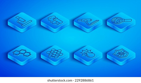 Set line Microscope, Chemical explosion, Molecule, Microorganisms under magnifier, formula and Shield protecting from virus icon. Vector