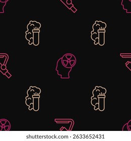 Set line Microscope, Chemical explosion and Head and radiation symbol on seamless pattern. Vector