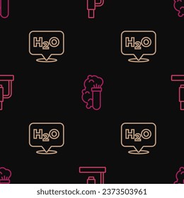 Set line Microscope, Chemical formula for H2O and explosion on seamless pattern. Vector