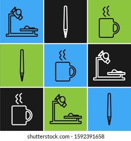 Set line Microscope, Coffee cup and Pen icon. Vector