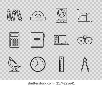 Set line Microscope, Drawing compass, World map on school blackboard, Clock, Paper clip, Notebook, Ruler and Ringing alarm bell icon. Vector