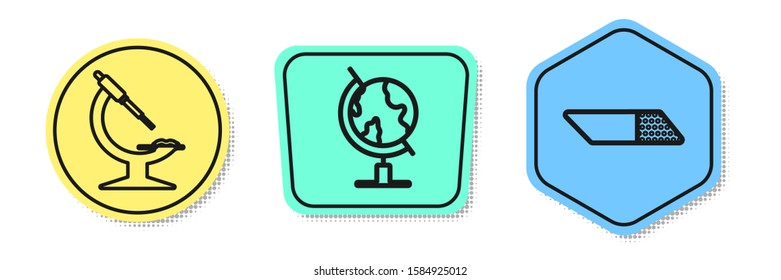 Set line Microscope, Earth globe and Eraser or rubber. Colored shapes. Vector