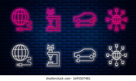 Establecer línea Microscopio, camión Eléctrico, Red Social y Red Social. Icono de neón brillante en la pared de ladrillo. Vector