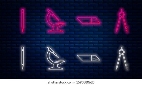 Set line Microscope, Eraser or rubber, Pencil with eraser and Drawing compass. Glowing neon icon on brick wall. Vector