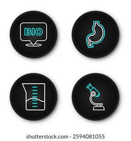 Set line Microscope, Laboratory glassware or beaker, Human stomach and Bio healthy food icon. Vector