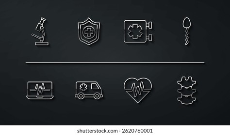 Set line Microscope, Laptop with cardiogram, Sperm, Heart rate, Emergency, Life insurance in hand, Human spine and Medical symbol of the icon. Vector
