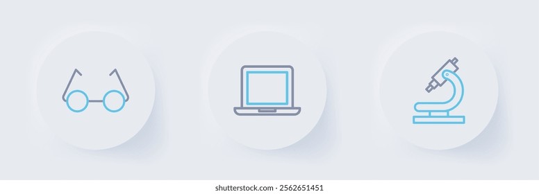 Set line Microscope, Laptop and Glasses icon. Vector