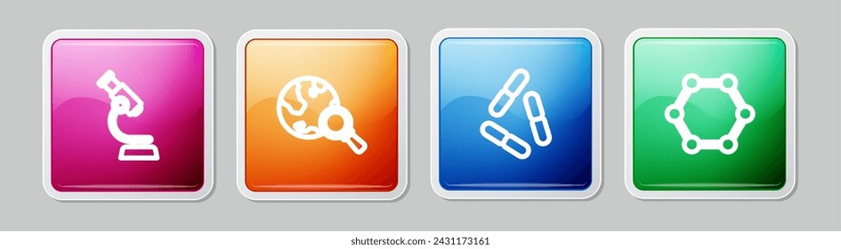 Fijar línea Microscopio, lupa con globo, virus y molécula. Botón cuadrado colorido. Vector