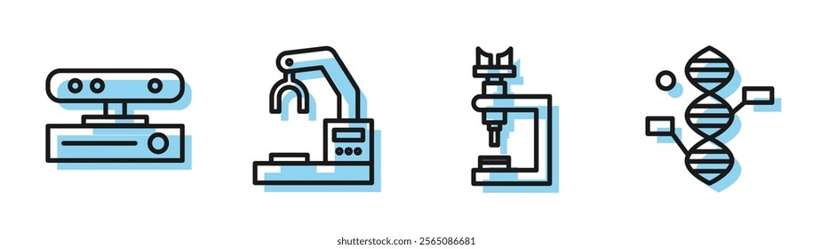 Set line Microscope, Motion sensor, Robotic robot arm hand factory and DNA symbol icon. Vector