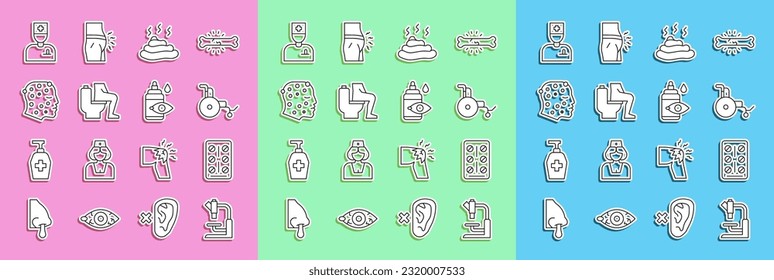 Set-Zeile Mikroskop, Tabletten in Blisterpackung, Rollstuhl, Schuss, Verstopfung, Psoriasis oder Ekzem Ausschlag, männlicher Arzt und Augentropfen Symbol für die Tropfenflasche. Vektorgrafik