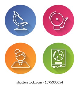 Set line Microscope, Ringing alarm bell, Teacher and World map on a school blackboard. Color circle button. Vector