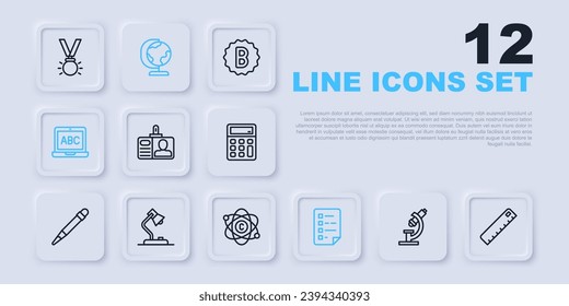 Set line Microscope, Ruler, Identification badge, Clipboard with checklist, Laptop, Table lamp, Earth globe and Atom icon. Vector